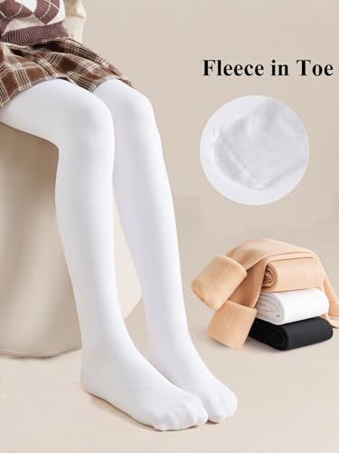 HeyUU Girls Winter Warm Fleece Lined Tights, Soft Thermal Dance Tights for Kids White 6-8 Years