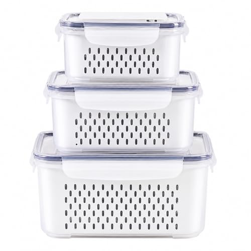 Kit 3 Potes Herméticos para Geladeira com Escorredor Removível | Organizadores de Alimentos Transparentes | Tampa com Vedação Hermética | Livre de BPA | Empilháveis | 850ml, 1750ml e 3300ml