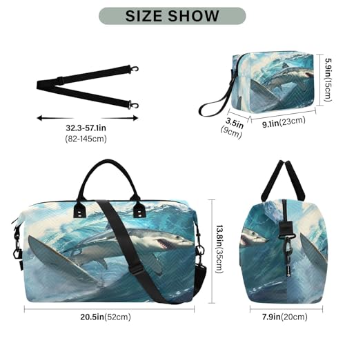 White Shark Ocean Wave Large Travel Duffle Bag Weekender Overnight Bags Gym Yoga Bag for Women Men with Toiletry Bag3