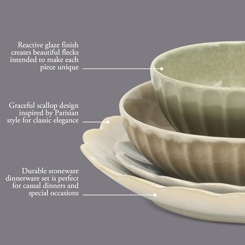 Image of Gibson Elite Malibu Shore 16 Piece Scallop Stoneware Reactive Glaze (Service for 4) Ceramic Plates and Bowls Dinnerware Set - Assorted Color (Shiny Cream White, Blue, Cream, Terracotta)