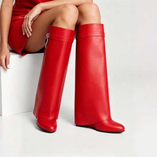 Image of keleimusi Fold Over Wedge Boots Heeled PadLock Pant Knee High Shoes Tall /Short Booties