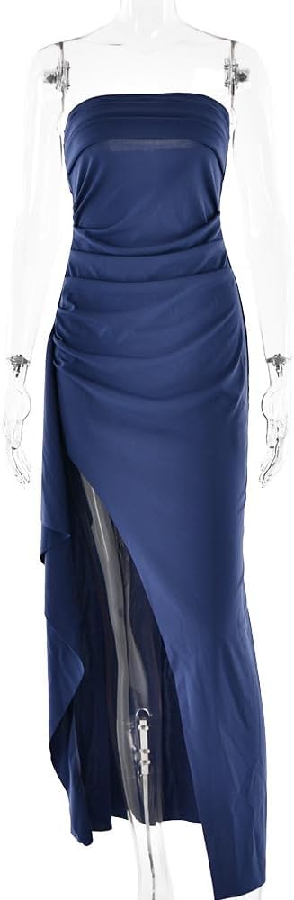 Women's Off Shoulder Backless Ruched Bodycon Dress Sexy Strapless High Split Long Maxi Dresses for Party Cocktail - Image 5