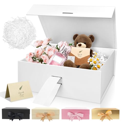 Geschenkbox 22 * 16.5 * 8,5cm, Sekepingo Weiß Gift Box mit Band, Papier& Grußkarte Party Favor Box für Hochzeit, Geburtstag & Muttertag