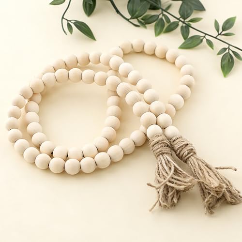 Farmhouse Decor 59in Wooden Beads Garland with Tassels Rustic Farmhouse Prayer Boho Beads for Coffee Table Wall Country Decor