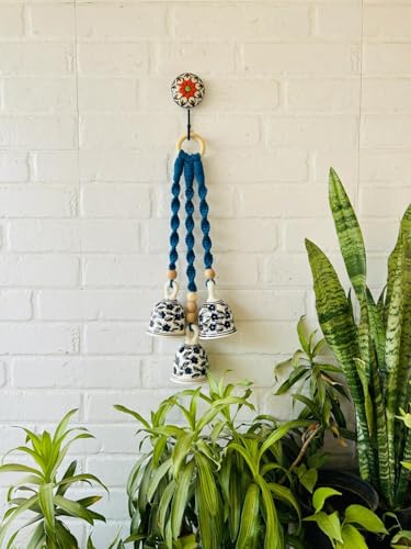 Image of RHD Macrame Symphony | 3 Multicolour Ceramic Bells (5 Inch) | Handmade Macrame Wall Hanging | Wind Chime for Home Decor | Includes Hand-Painted Ceramic Hook