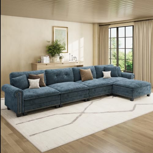 Image of HERA'S HOUSE 150 inch Oversized L Shaped Modular Sectional Couch Living Room | Mid-Century Modern 5-Seater Cloud Sofa, Cyan, Rolled Arms & Nailhead Trim, Wider & Deeper Seats, Ottoman, Chenille