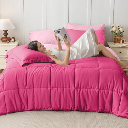 JOLLYVOGUE Full Comforter Set, Ultra-Soft Bed in a Bag Full Size 7 Pieces, Oeko-TEX Certified Bedding Set with Down Alternative Comforter, Sheets, Pillowcases & Shams, Hot Pink & Baby Pink by JOLLYVOGUE - Image 6