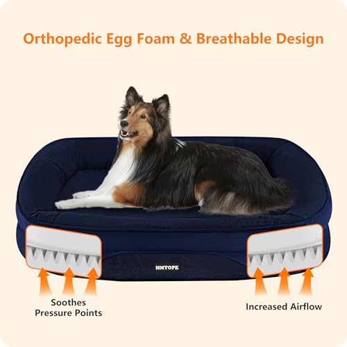 HMTOPE Orthopädisches Hundebett, Hundesofa, Vierseitiges Nackenrolle Kissen, rutschfeste Unterseite Hundekorb, Abnehmbar und Waschbar, Mittelgroße Hunde, Grosse Hunde, 106 x 79 x 17 cm, Navyblau