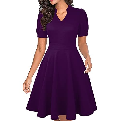 Mokayee Womens Summer Short Puff Sleeve Casual Semi-Formal Fit and Flare Church Wedding Guest Work Dresses with Pockets