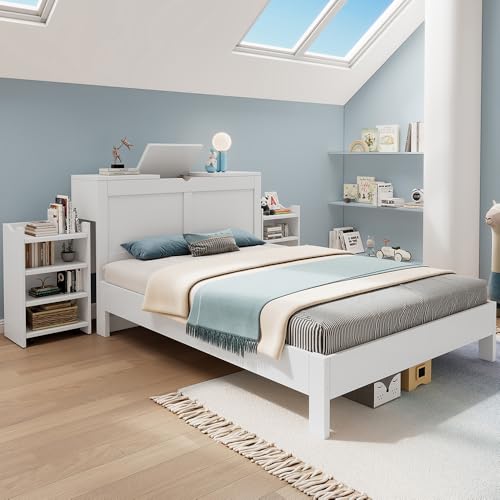 PUGSDRLY - Cama de madera de 140 x 200, marco de cama doble con somier de láminas y cabecera, cama de almacenamiento para adolescentes con 2 mesitas de noche extendidas, color blanco