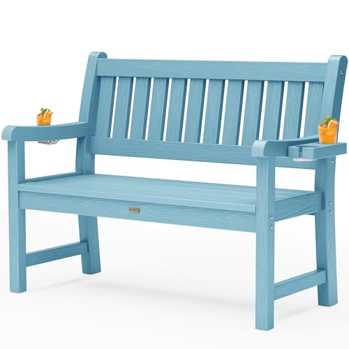 YEFU Outdoor Bench for Patio Waterproof: Heavy Duty 2-Person Garden Bench with 2 Cup Holders & Oversized Seating - HIPS Weatherproof Patio Benches for Front Porch Backyard Park, Blue
