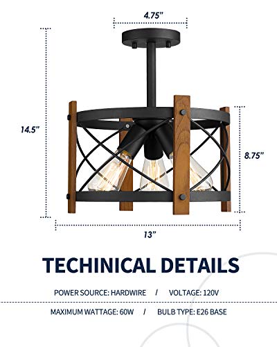 Hanass 3-Light Farmhouse Semi Flush Mount Ceiling Light, 13" Wood Flush Mount Light Fixture, Walnut Wood, Matte Black Finish, Mx99984 #TOP5