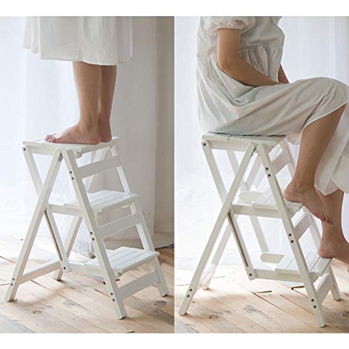 Escabeau en bois blanc à 3 marches pliable et multifonction - 6