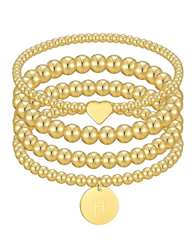 Howoo Gold Bracelets Mothers Day Gifts for Women Beaded Initial Bracelet Stack Dainty Heart Stretch Gold Charm Bracelet Jewelry for Women Trendy
