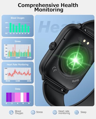 Image of Black Smart Watch for Men Women, Bluetooth Call, 2.06 inch HD AMOLED Fitness Tracker, 118 Sports Modes, Blood Pressure /Heart Rate /SpO2 /Sleep Monitor, IP68 Waterproof, Ideal Tech Gifts for Android iPhone