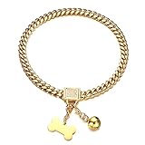 RUMYPET Gold Dog Chain Collars with Dog ID Tag and Bell Cubic Zirconia Locking 10mm/14mm/18mm 18k Stainless Steel Miami Cuban Link Chain Chew Proof Collar for Small Medium Large Dogs(10mm,14inch)