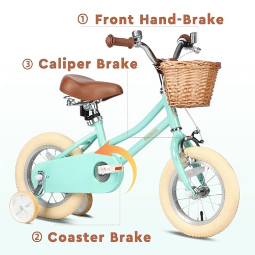 Image of Petimini Vintage Kids Bike for Girls, 12-20 Inch Classic Bicycle with Wicker Basket & Bell, High Tensile Steel Frame, Training Wheels (12-18 inch), 85% Pre-Assembled, Retro Bike for Outdoor Riding