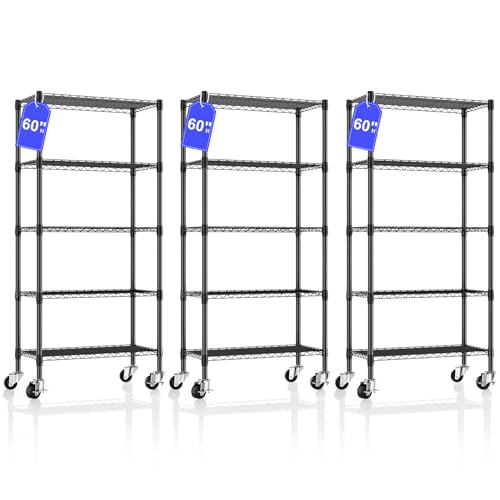 3 Pack 5 Tier Shelving Unit Wire Rack, Heavy Duty Adjustable Shelf Rolling Storage Shelves with Wheels, 14" D x 30" W x 60" H 750 lbs Capacity Kitchen Garage Pantry Shelves for Small Spaces