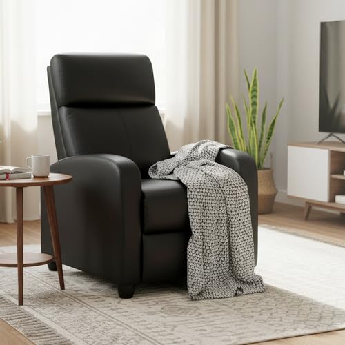 Image of PayLessHere Recliner Chair Single Reclining Sofa Home Theater Seating with Lumbar Support and Padded Backrest for Living Room and Bedroom (Leather, Black-Massage)
