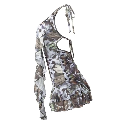 Women Sexy Halter Neck Backless Mini Dress Floral Ruffle Bodycon Short Party Mesh Dress Club Outfits3