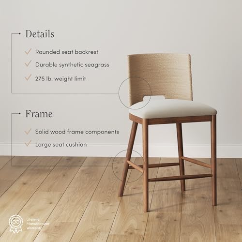 Image of Nathan James Webster Bohemian Round Back Bar Stool, Upholstered Bar Stool with Seagrass Backrest for Kitchen or Bar, Medium Brown Set of 4