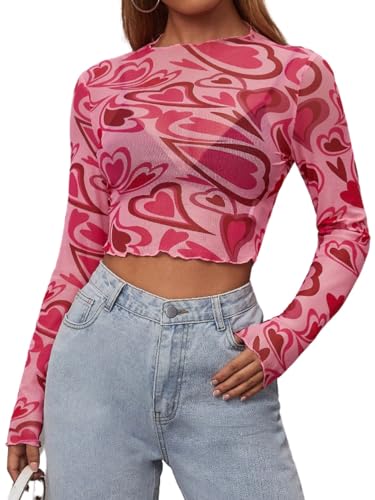 Verdusa Women's Mock Neck Long Sleeve Marble Mesh Slim Fitted Tee