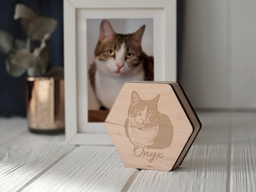 Image of Personalized Pet Hair Keepsake Box for Dog and Cat Fur - Engraved Wood Memorial Box - Unique Customized Gift for Loss of Furry Friend Wooden (Light Diamand Wood Lid, With Photo)