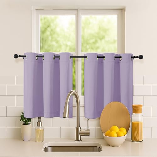 Image of Simplebrand Lilac Short Kitchen Curtains 24 Inch Length 2 Panels Set, Small Windows Room Darkening Curtain for Bathroom, Cabinet, Basement, RV Camper, Thermal Insulated Short Drapes, 40 x 24 Inch