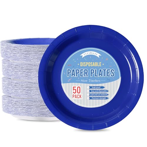 Image of Royal Blue Disposable Paper Plates, 7'' Dessert Cake Plates, 50 Count Bulk