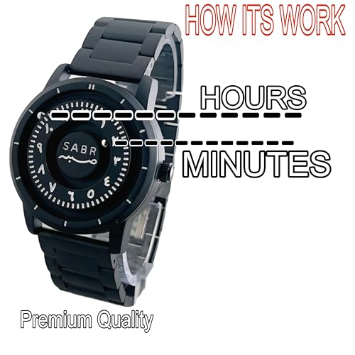 Image of Luxury Men Arabic Dial Black Wrist Watch - Unique Eastern Numerals Design, Minimalist Magnetic Rotating Disc Face, Stainless Steel Band, Unisex Modern Timepiece, Islamic Watch