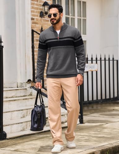 TACVASEN Mens Quarter Zip Jumper Long Sleeved Mock Neck Pullover Casual Winter Sweater Knitted Turtleneck Sweater Dark Grey, XXL