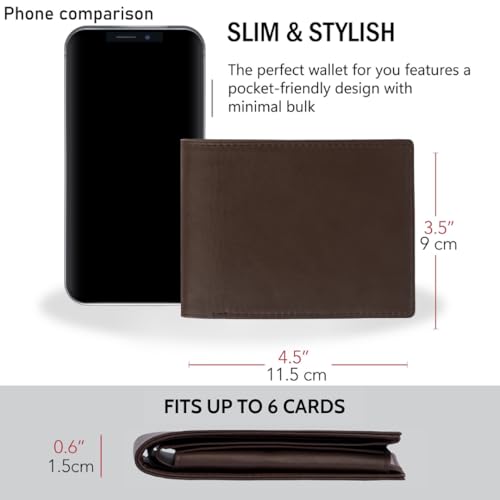 Image of Men's Dark Brown Leather Bifold Wallet RFID Blocking Front Pocket Security Passcase Cowhide Durable Extra Capacity Billfold 6 Credit Cards with Flip-out ID Classic Handmade Gift For Him VINAM-B-03