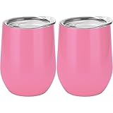 Skylety 12 oz Double-insulated Stemless Glass, Stainless Steel Tumbler Cup with Lids for Wine, Coffee, Drinks, Champagne, Cocktails, 2 Pieces (Pink)