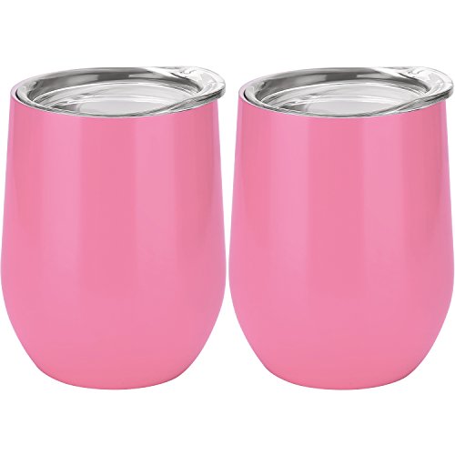 Skylety 12 oz Double-insulated Stemless Glass, Stainless Steel Tumbler Cup with Lids for Wine, Coffee, Drinks, Champagne, Cocktails, 2 Pieces (Pink)