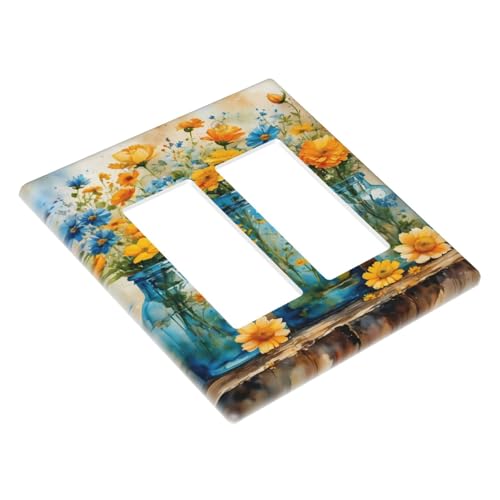 Decorative Outlet Covers Rustic Yellow Flowers Floral Blue Bottles 2 Gang Wall Plate Double Rocker Two Switch Wall Cover Plate Light Switch Cover Plate Faceplate for Country Bedroom Decor