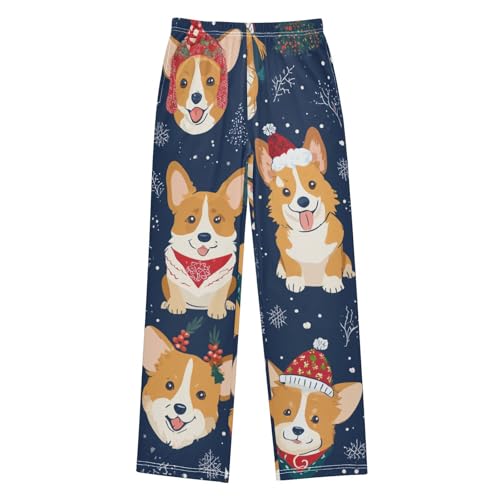 Christmas Corgi Dog Snowflake Boys Long Pants Soft Trousers Elastic Waist Kids Lounge Bottoms with Pockets S-XL