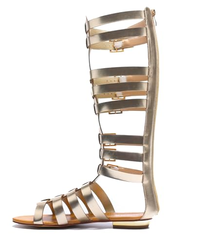 Sandales gladiateur hautes avec boucle ajustable et talon doré confortable
