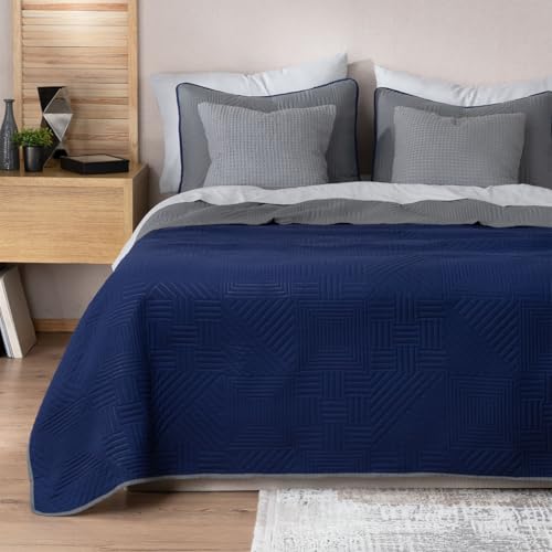 Lista de Colchas y edredones los más solicitados. 45 REAL TEXTIL Colcha Doble Vista con Fundas de Almohada, Edredón Ligero Capitonado Pinsonic, Edrecolcha para Verano, Sobrecama (Azul Marino - Gris Oscuro, Matrimonial)