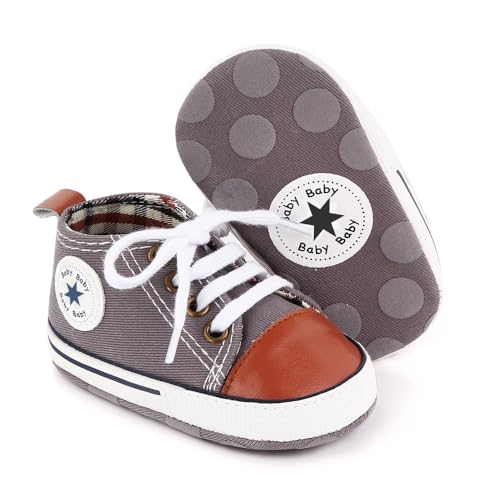 Image of xioqen Unisex Baby Boys Girls Shoes, Newborn Infant Non-Slip Canvas Denim High Top Sneakers, Toddler First Walkers Shoes