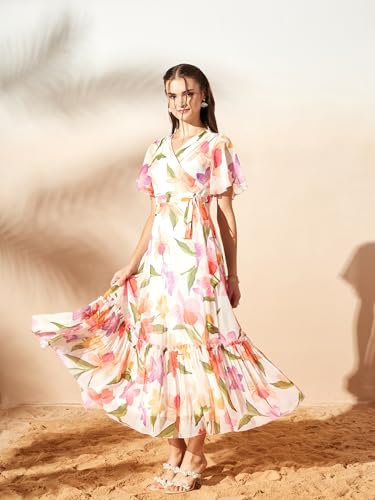 Image of Miss Chase Women's Floral V-Neck Flutter Sleeve Wrap Chiffon Maxi Dress