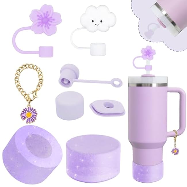 Stanley Cup Accessories Set,Including 2 Pcs 0.4in Straw Cover, 1 Silicone Spill-Proof Stopper Set of 3, 1 Cute Flower Handle Charm, 1 Silicone Boot Fits Stanley 40&30 Oz Tumbler (Cream)