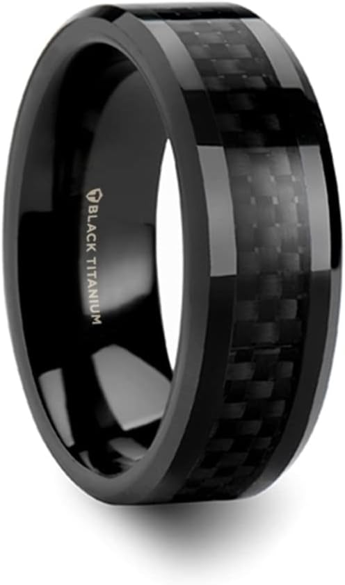 Thorsten Mens Black Titanium Carbon Fiber Ring | Inlaid, Beveled Comfort Fit | Carbon Fiber Titanium Band for Men | Durable, Sleek | OXYN | 6mm & 8mm Wide | Stylish, Available in Multiple Size
