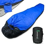 Duck Down Mummy Sleeping Bag for Adults – Cold & Warm Weather Sleeping Bags – Lightweight, Compact & Portable Camping – Sleep bag for Emergency, Hiking, & Backpacking – Compression Carrying Bag – Blue