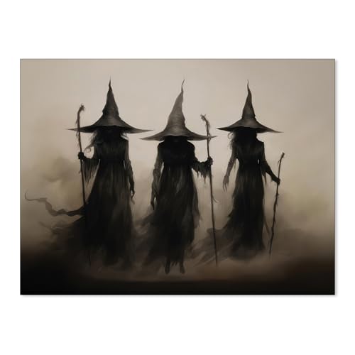 WBSTGUE Affiche murale effrayante sorcière sombre et gothique pour Halloween - Décoration murale vintage - 3 sorcières tenant des baguettes magiques - 20,3 x 25,4 cm - Sans cadre