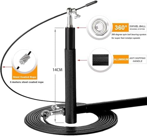 Aputue İp atlama, 360 derece çift bilyalı rulmanlı hız atlama ipi, Kaymaz alüminyum saplı profesyonel model, 3 metre ayarlanabilir dayanıklı çelik tel halat, Fitness antrenman egzersizi siyah - Görsel 6