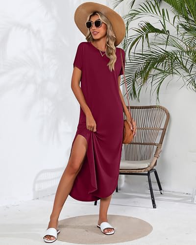Image of Riyiper 2 Pieces Women's Short Sleeve Maxi Dress Round Neck Casual Loose Split Long Summer Beach Shirt Dress with Pockets