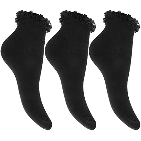 6 Pairs Ladies Girls Frilly Black Lace Trim Ankle Trainer Liner Socks UK Shoe Size 4-6 Cover