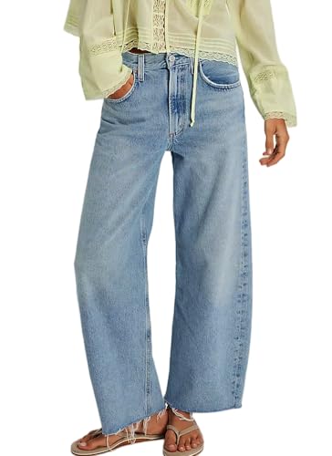 Womens Mid High Waisted Frayed Raw Hem Jeans Straight Wide Leg Loose Baggy Trendy Jeans