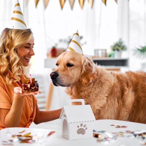 BENECREAT 30 Packung Hundehütten Geschenkboxen 10x12x18cm Großes Welpen Partygeschenk Set Mit Pfotenabdruck Fenstern Weiße Papier Haustier Feierboxen Für Hundegeburtstage Und Adoptionsveranstaltungen