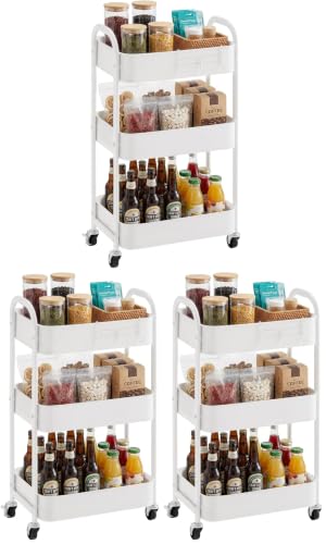Image of MAX Houser 3-Tier Rolling Utility Cart with Caster Wheels,Easy Assembly, for Kitchen, Bathroom (White) (Pack of 3)